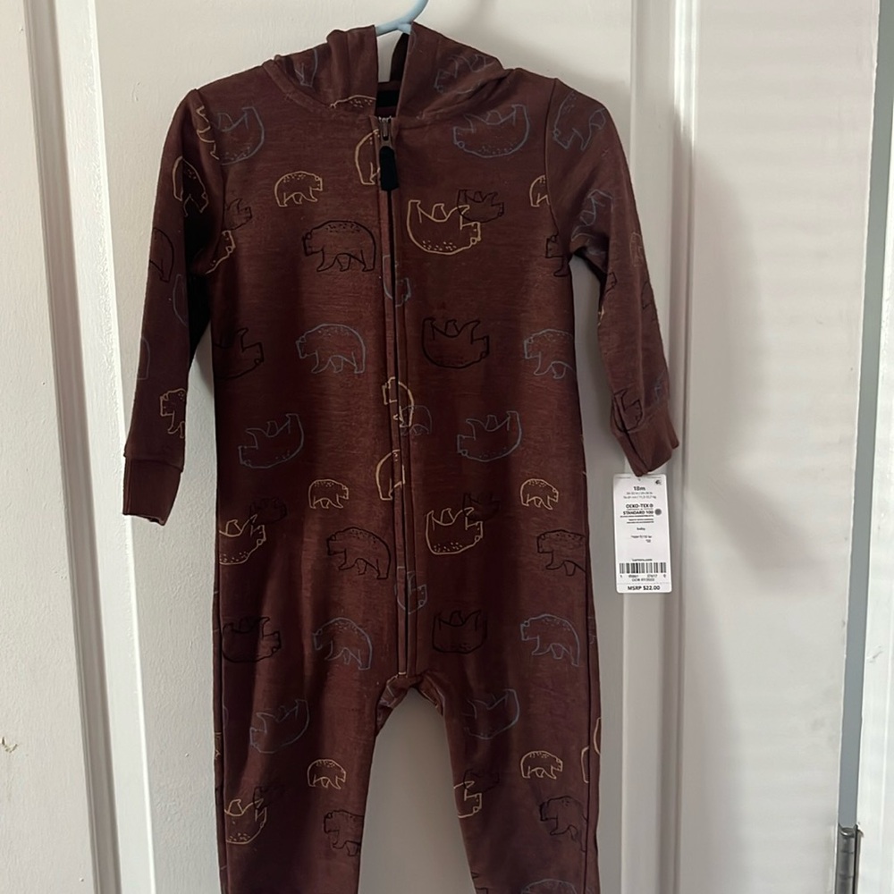 NWT Infant/Baby Boy’s Carter Brand Brown Grizzly Bear Zip Up Bodysuit with Hood
